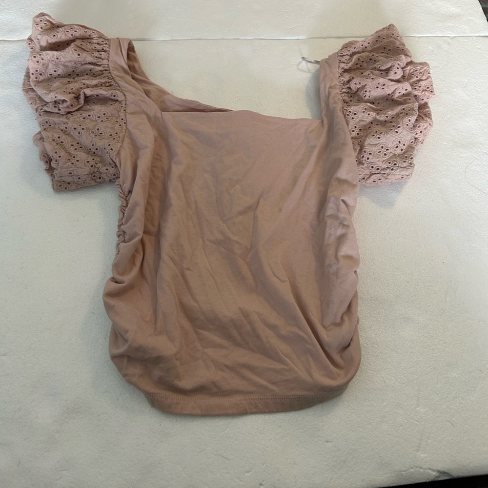 Express square neck eyelet puff sleeve tie back crop top peach light pink - Picture 6 of 12